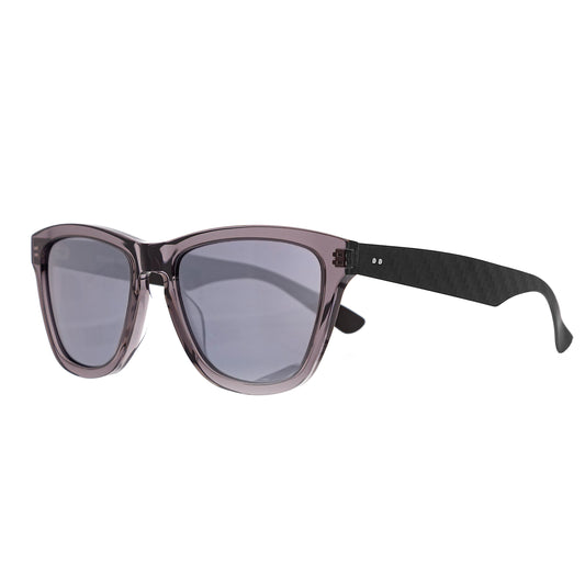 Parabolica Silverstone carbon fiber sunglasses, translucent black with mirrored polarized lenses, angle.