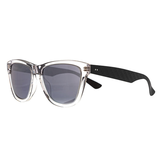 Parabolica Silverstone carbon fiber sunglasses, clear with mirrored polarized lenses, angle.