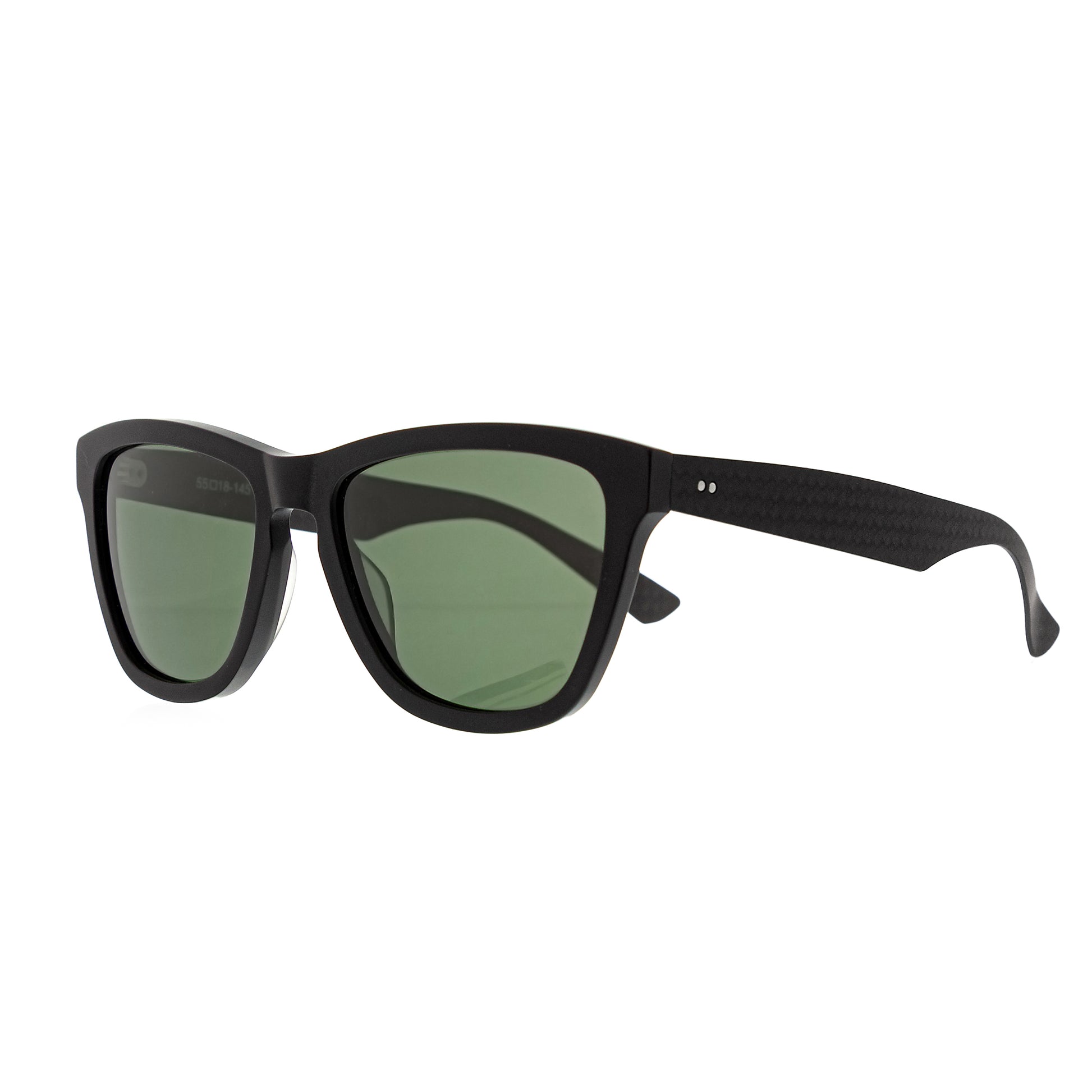 Parabolica Silverstone carbon fiber sunglasses, matte black with green polarized lenses, angle.