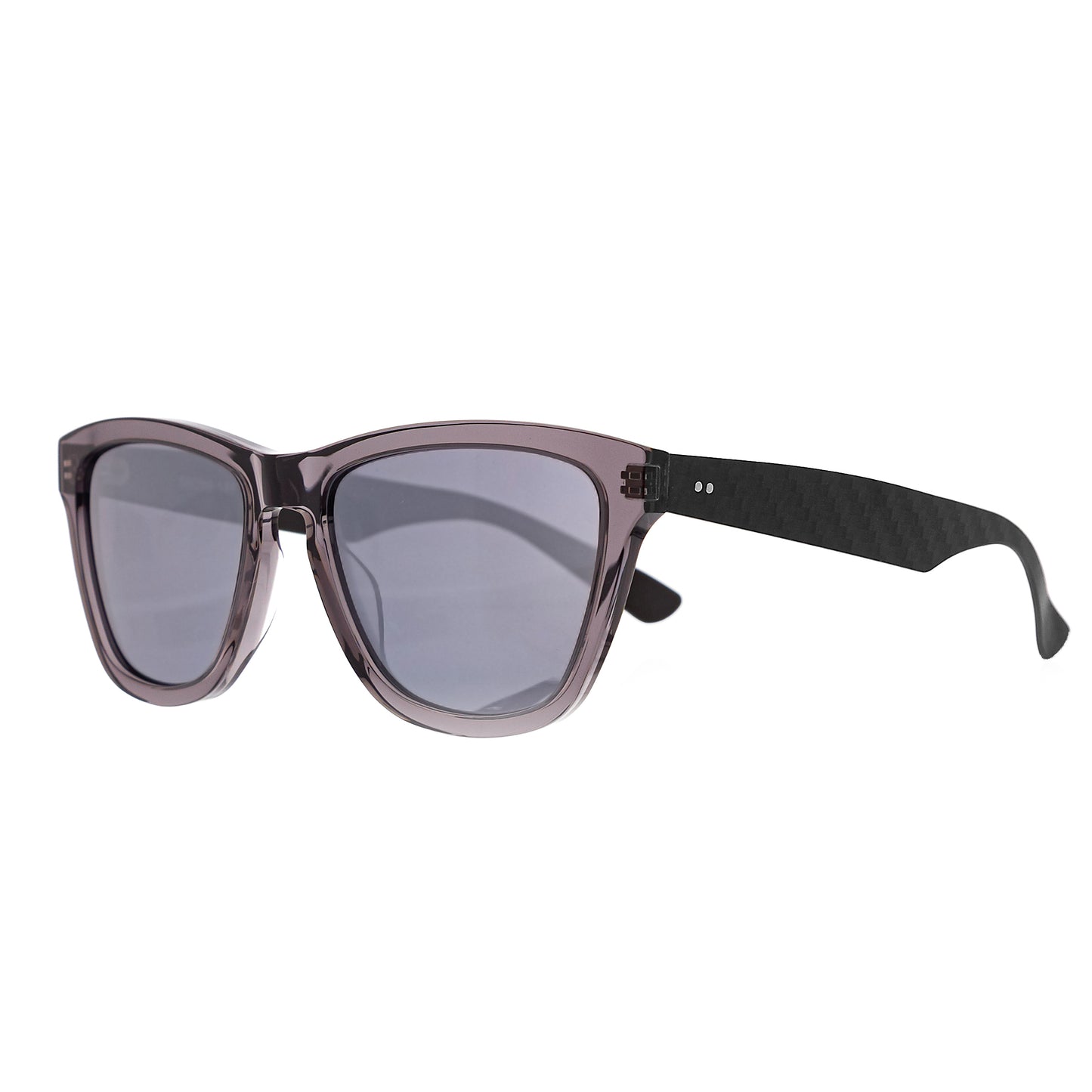 Parabolica Silverstone carbon fiber sunglasses, translucent black with mirrored polarized lenses, angle.