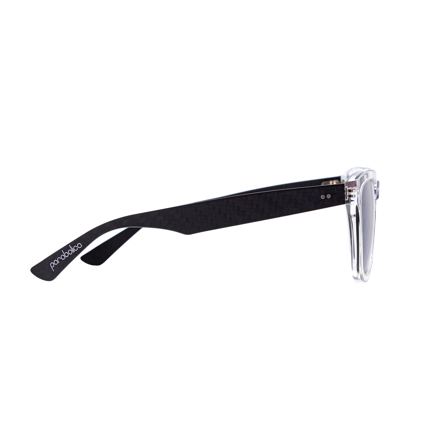 Parabolica Silverstone carbon fiber sunglasses, clear with mirrored polarized lenses, side.