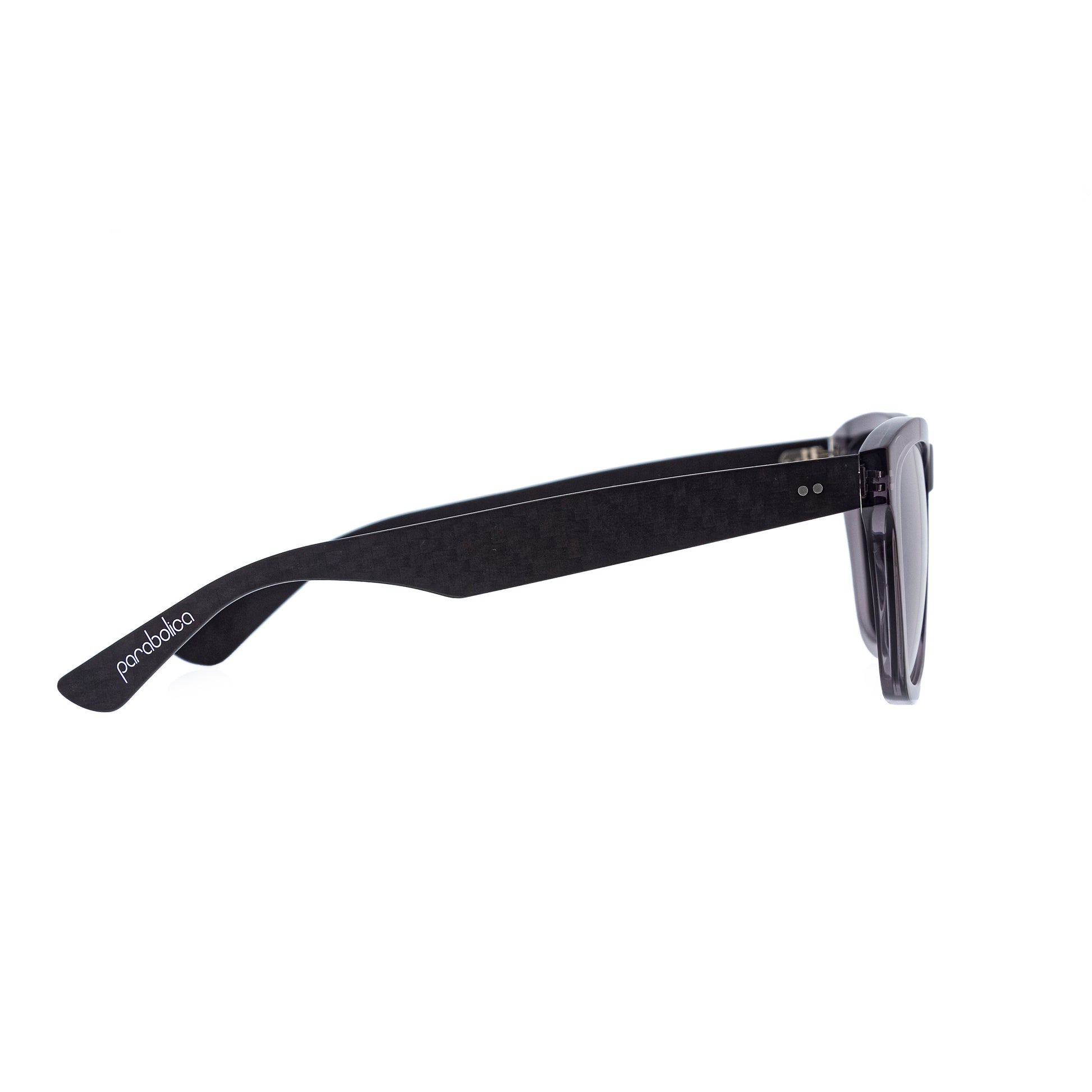 Parabolica Silverstone carbon fiber sunglasses, translucent black with mirrored polarized lenses, side.