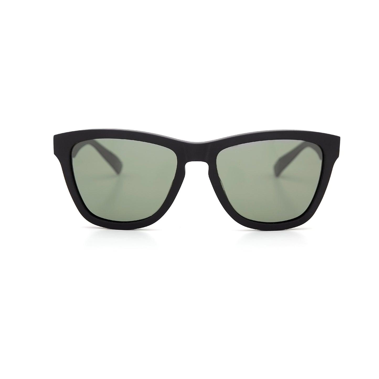 Parabolica Silverstone carbon fiber sunglasses, matte black with green polarized lenses, front.