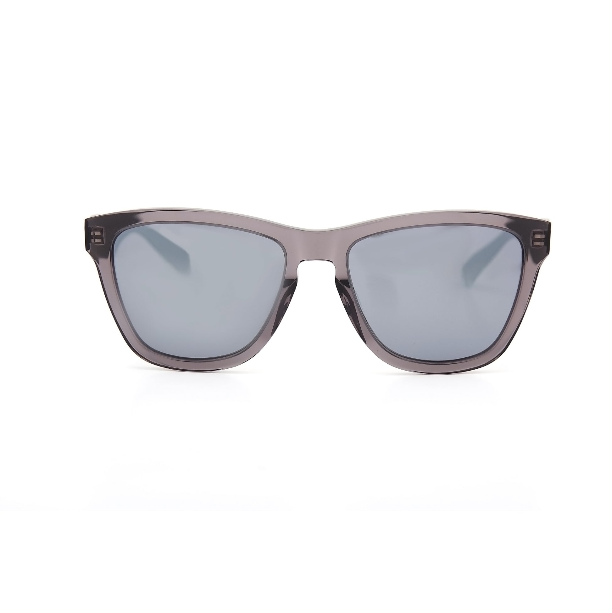 Parabolica Silverstone carbon fiber sunglasses, translucent black with mirrored polarized lenses, front.